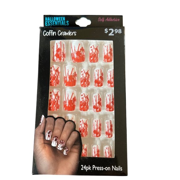 Halloween Essentials Coffin Crawlers 24pk Self-Adhesive Red White Press On Nails - Picture 1 of 5